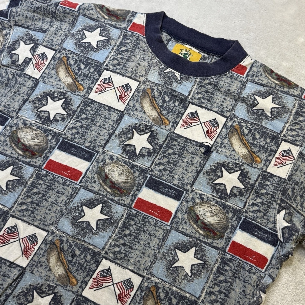 Vintage Duck Head Patriotic All Over Print T‎ Shirt USA Flags XL 90s